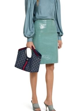 Designer Navy GiG Denim Midi Tote with Red Stripe